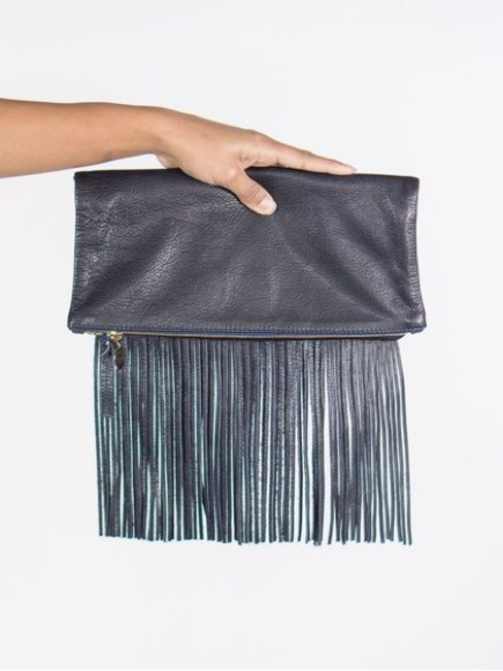 Clare V Vivier Black Fringe Leather Foldover Clutch Purse Broken Zipper Tag